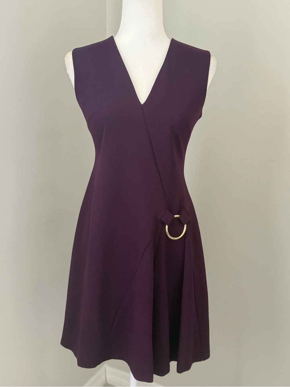 CALVIN KLEIN V-Neck O-Ring Fit & Flare Dress Purple Gold Hardware Size 8 Women’s